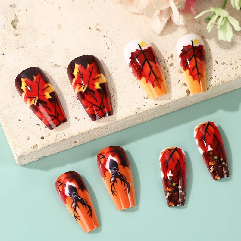 CJDLTS Maple Leaf Thanksgiving Press on Nails Medium Ballet Shaped Artificial Acrylic Nails Cartoon Elk Glitter Sequin Design Stick on Nails Full Cover Glue on Nail Festival Artificial Fingernails for Women - Image 2